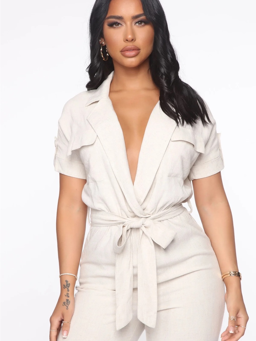 Fashion Nova Cream Short-Sleeve Tie-Front Jumpsuit M